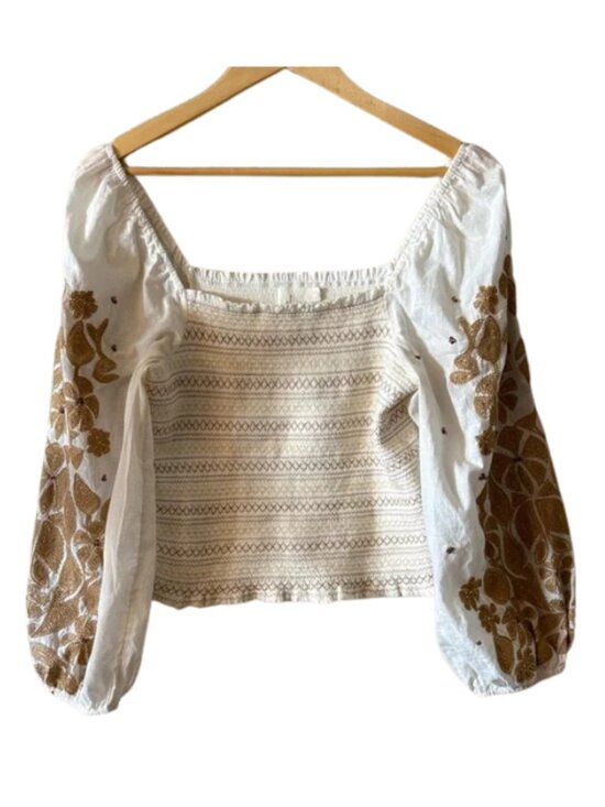 Anthropologie Tops - Anthropologie White Cropped Peasant Top with Tan Embroidered Sleeves